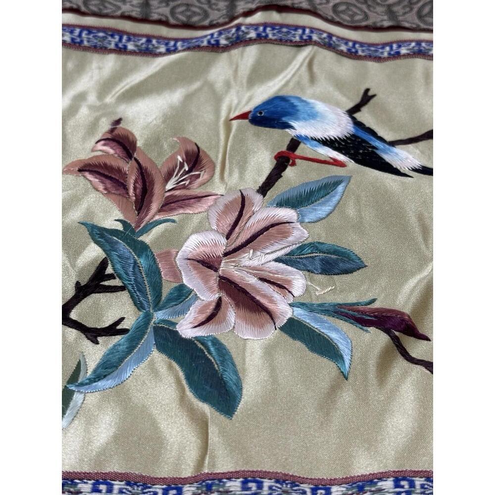 Vintage Dun Huang Chinese Silk Embroidery Bird & Flowers Wall Hanging 12x24 - Picture 2 of 9